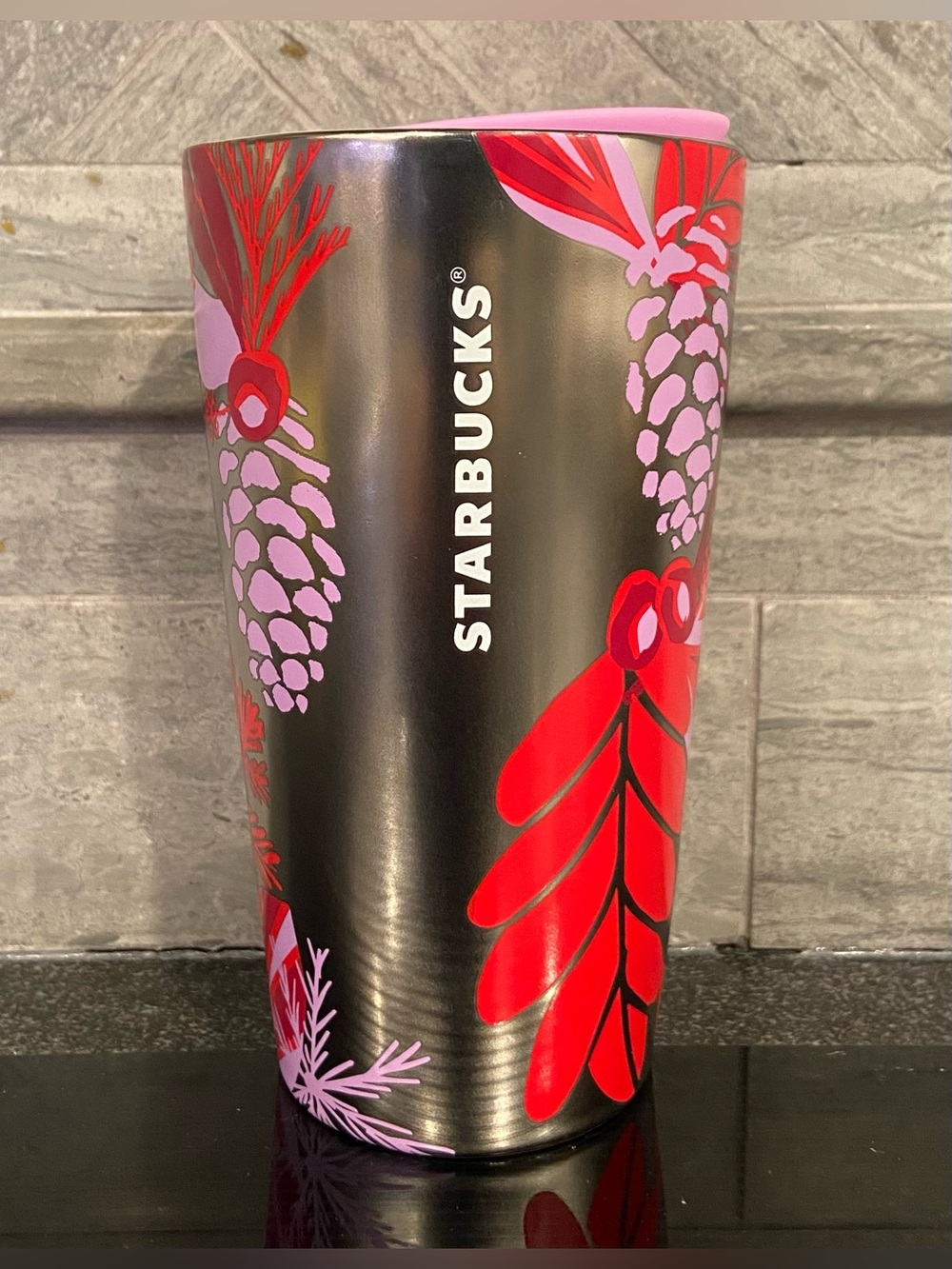 Starbucks Black Tumbler with Red and Pink Pinecone Motif
